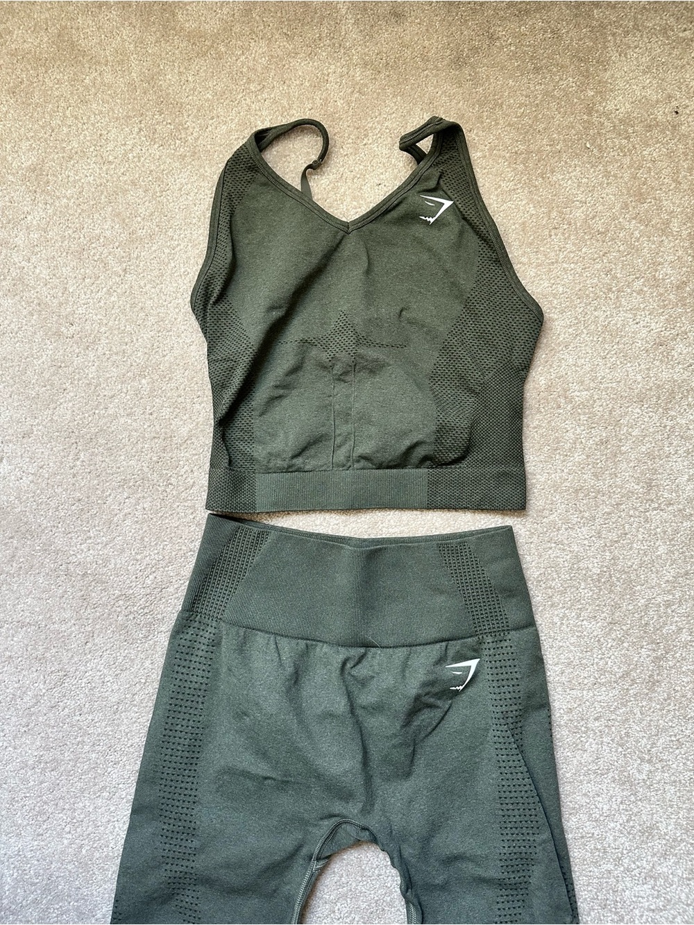 Gymshark Olive Green Seamless Sports Bra and Leggings Set